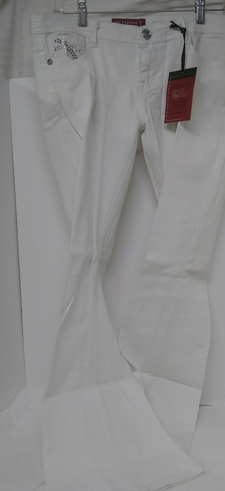 Red Rivet Pants Womens Jeans White Bell Bottoms Rhinestones Size 15/34 RN#13747